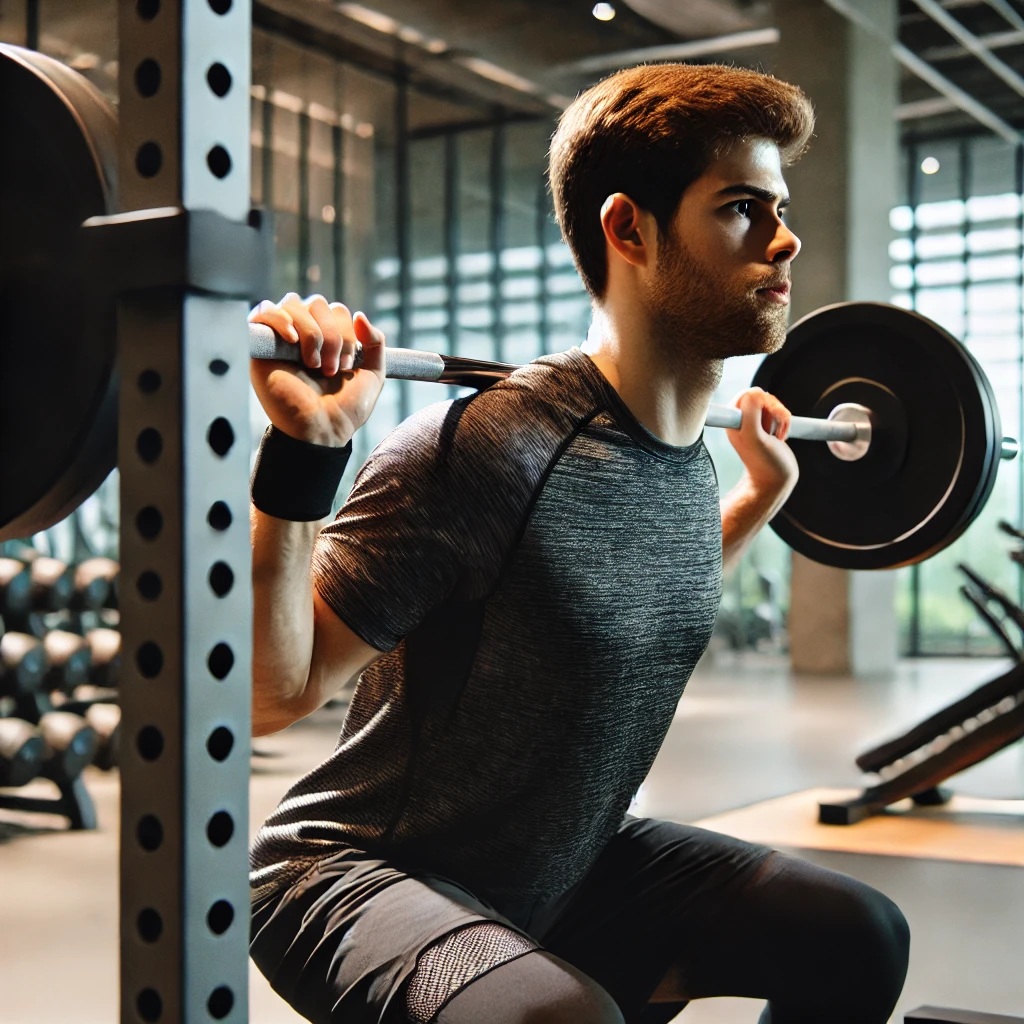 Športovec vykonávajúci low bar drep s tyčou umiestnenou pod trapézmi, správnym alternatívnym úchopom a bandážou na zápästí v modernom fitness centre.