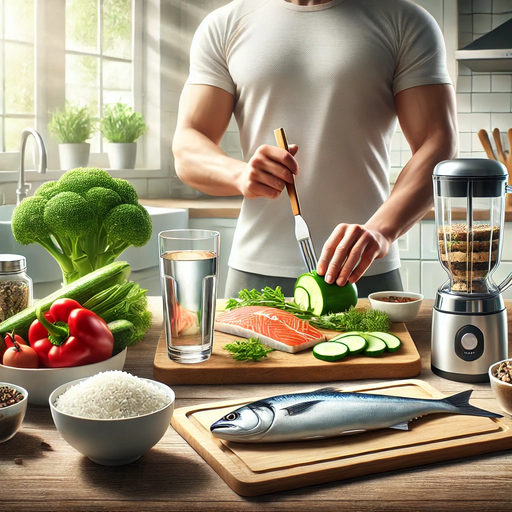 Ilustrácia zdravého stravovania – čistá kuchyňa s čerstvými ingredienciami ako zelenina, ryža, ryby a mäso, pripravené na drevenej doske. Vedľa je pohár vody a proteínový shake, symbolizujúci disciplínu a zdravý životný štýl.