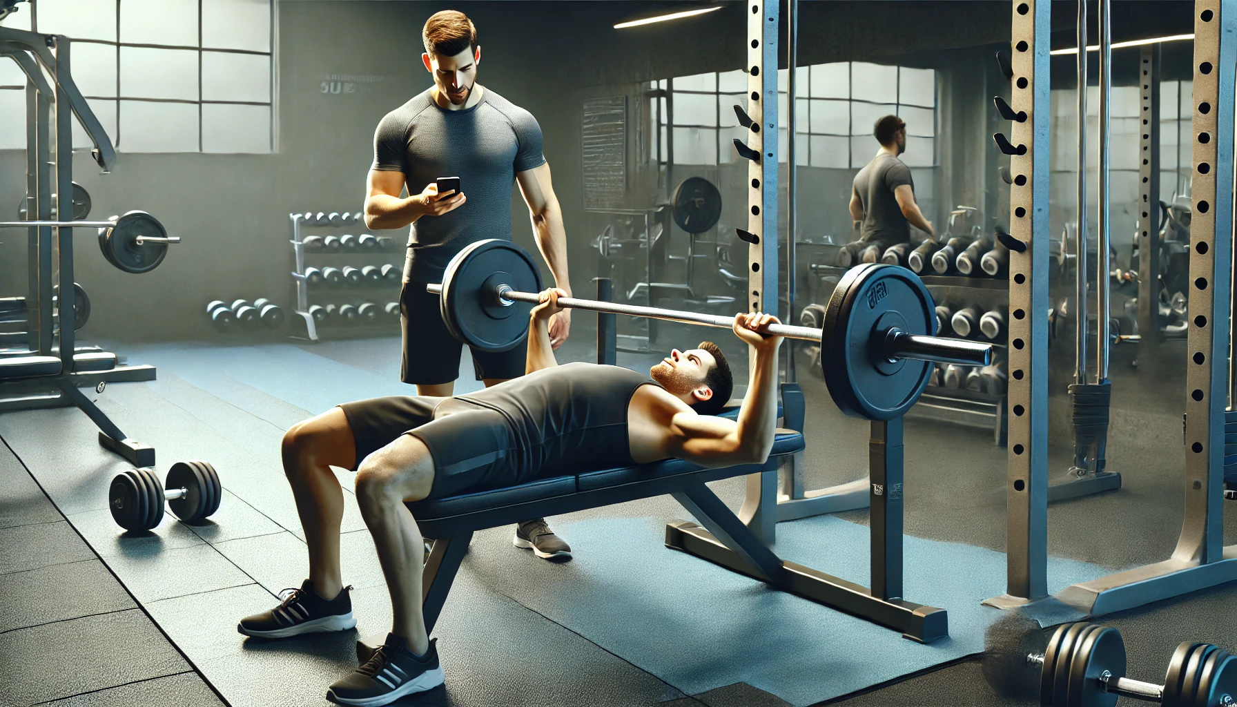 Dvaja muži v posilňovni. Jeden leží na lavičke a vykonáva bench press s činkou, sústrediac sa na techniku. Druhý stojí vedľa neho, nevenuje pozornosť cvičeniu a pozerá do svojho mobilného telefónu. Pozadie obsahuje činky, stojany na závažia a zrkadlá, ktoré vytvárajú autentickú atmosféru posilňovne.