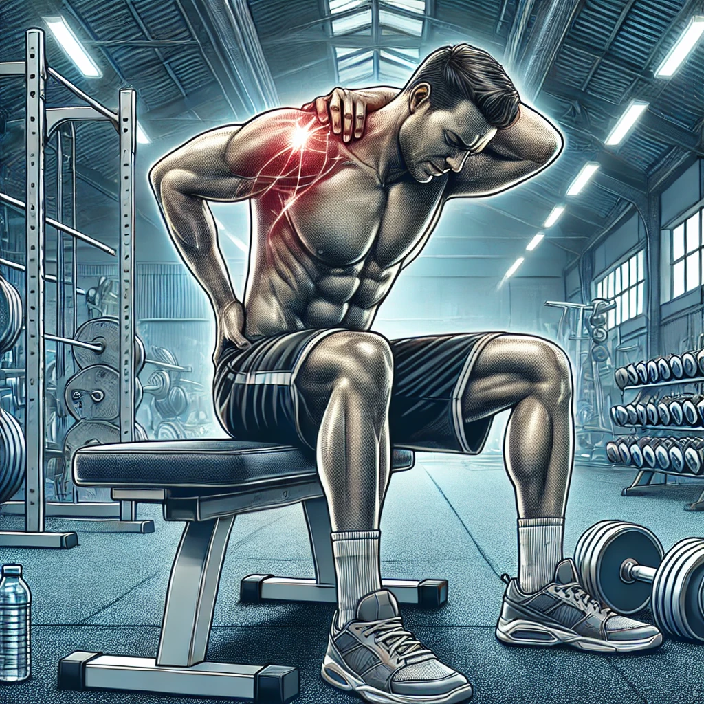 Muž s výrazom svalovice po intenzívnom tréningu, sediaci na lavičke v posilňovni, obklopený činkami a fitness vybavením.