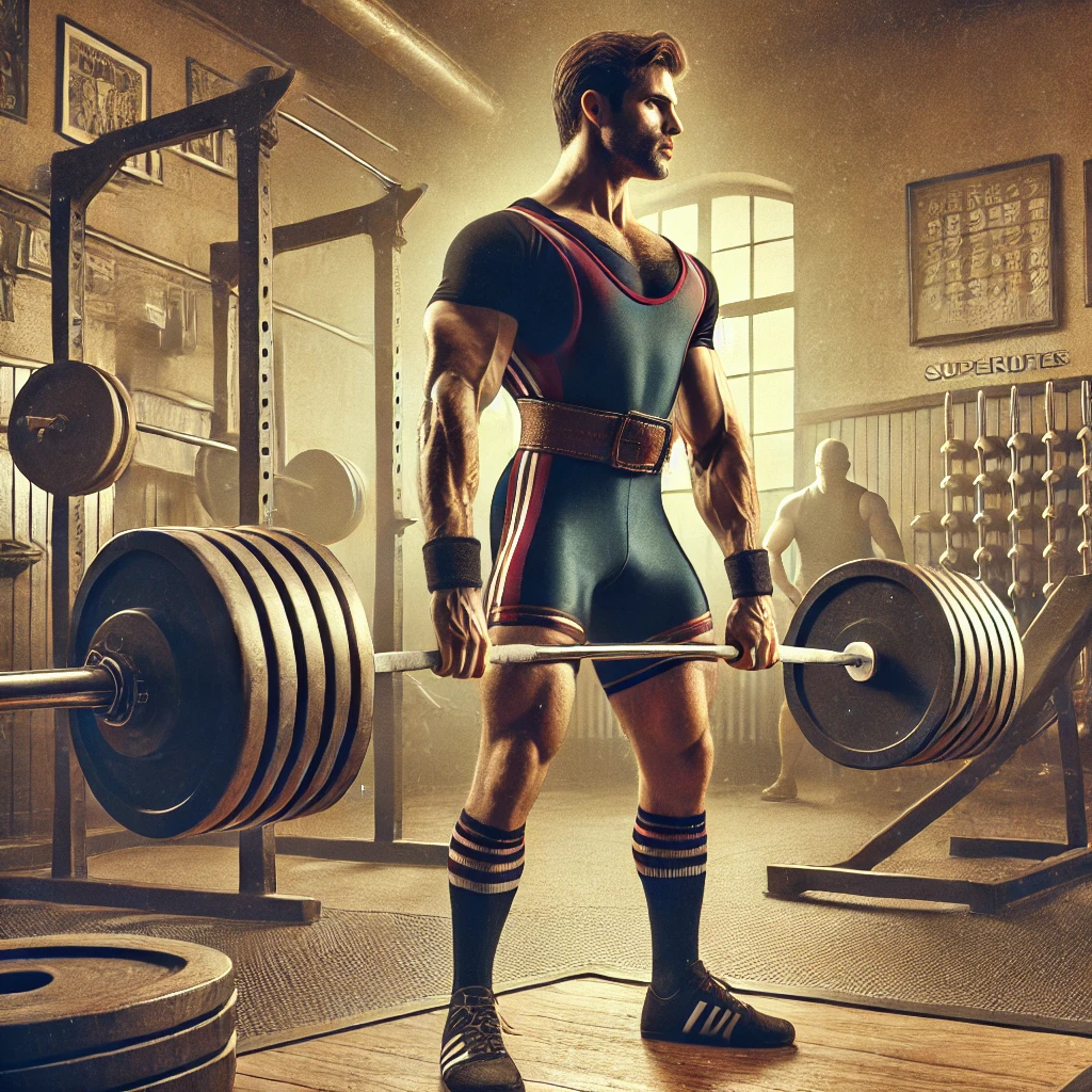 Obrázok zachytáva powerliftera v jednovrstvom powerliftingovom drese (superdres) pri zdvíhaní ťažkej činky v retro štýle posilňovne. V pozadí sú viditeľné stojany na činky a ďalšie fitness vybavenie. Prostredie má jemné, tlmené osvetlenie a navodzuje staromódnu atmosféru, ktorá zdôrazňuje tradíciu powerliftingu. Lifter je sústredený a ukazuje správnu techniku s pevnou stabilitou.