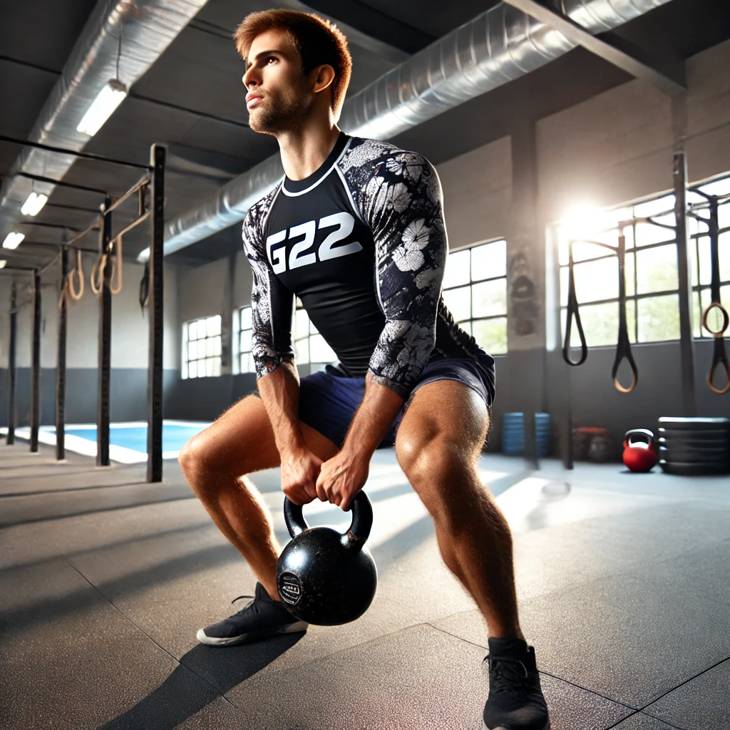 Atletický športovec vykonáva cvičenie s kettlebellom, navrhnuté pre tréning Brazilian Jiu-Jitsu (BJJ). Oblečený je v rash guarde a šortkách, typických pre BJJ. Nachádza sa v modernej posilňovni s BJJ žinenkami a ďalším fitness vybavením v pozadí.